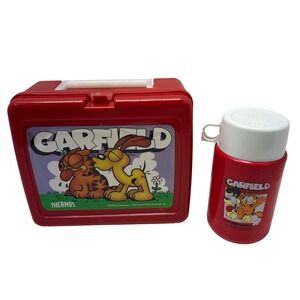 Thermos Garfield Odie Vintage 1978 Red Plastic Lunch Box with 10oz Thermos Set